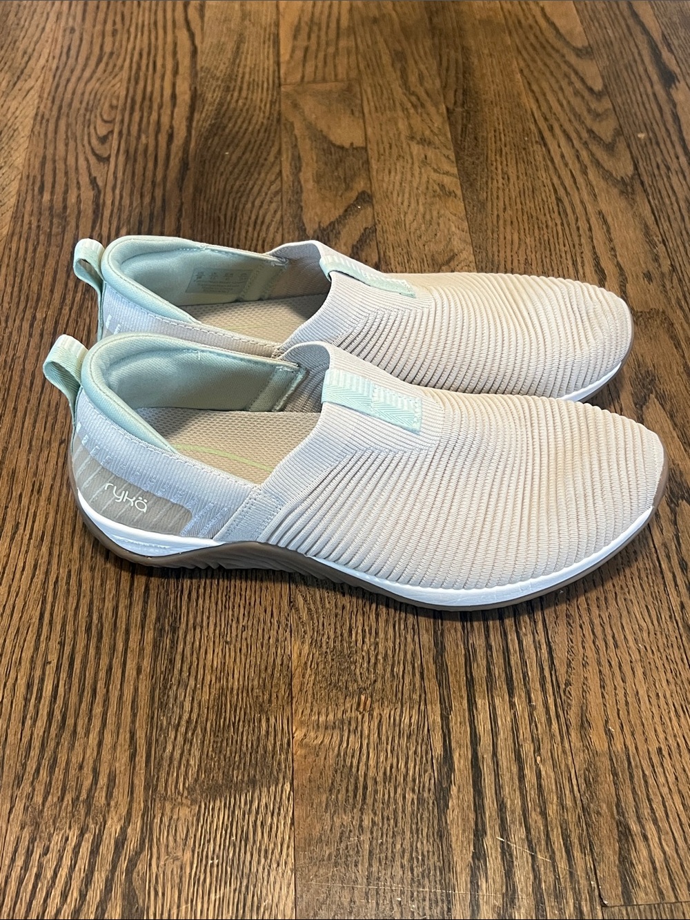 Ryka Women’s Slip-On Walking Shoes in Light Beige with Mint Trim